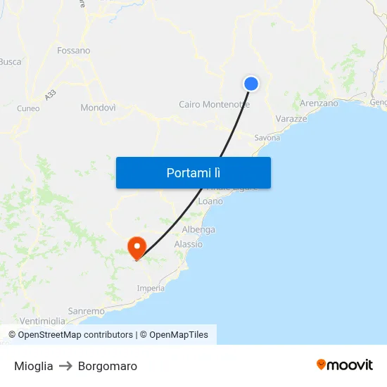 Mioglia to Borgomaro map