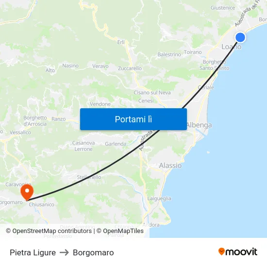 Pietra Ligure to Borgomaro map
