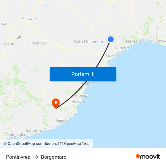 Pontinvrea to Borgomaro map
