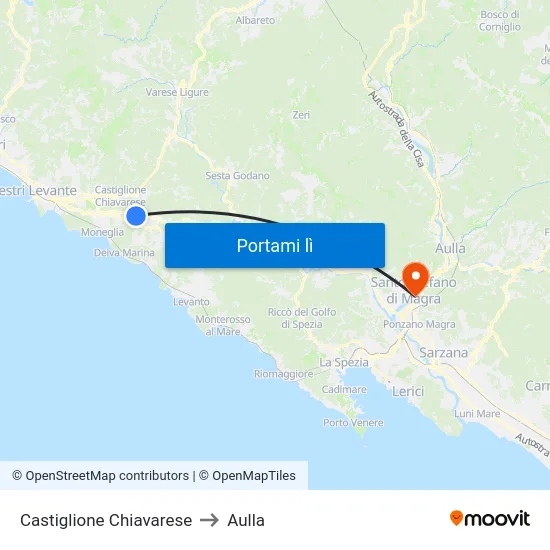 Castiglione Chiavarese to Aulla map