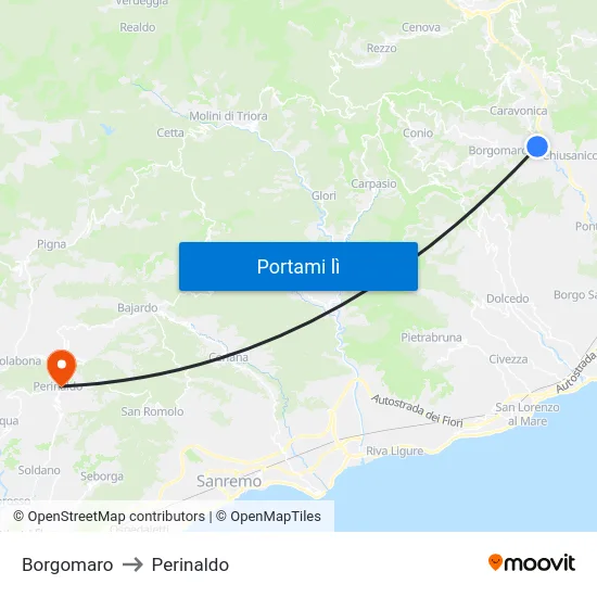 Borgomaro to Perinaldo map