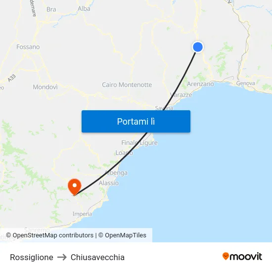 Rossiglione to Chiusavecchia map