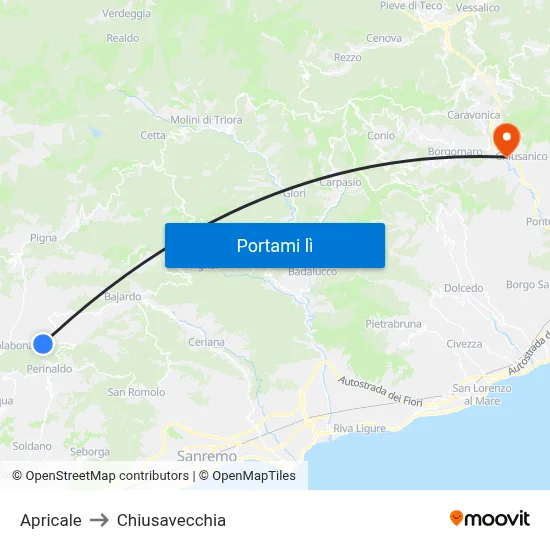 Apricale to Chiusavecchia map