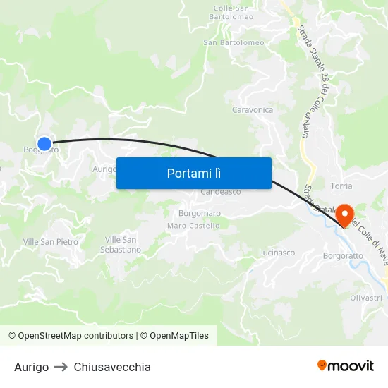 Aurigo to Chiusavecchia map