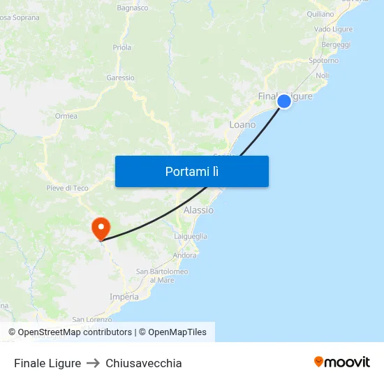 Finale Ligure to Chiusavecchia map