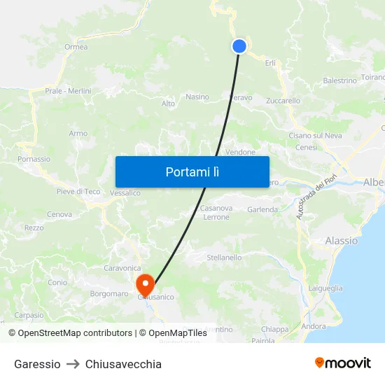 Garessio to Chiusavecchia map