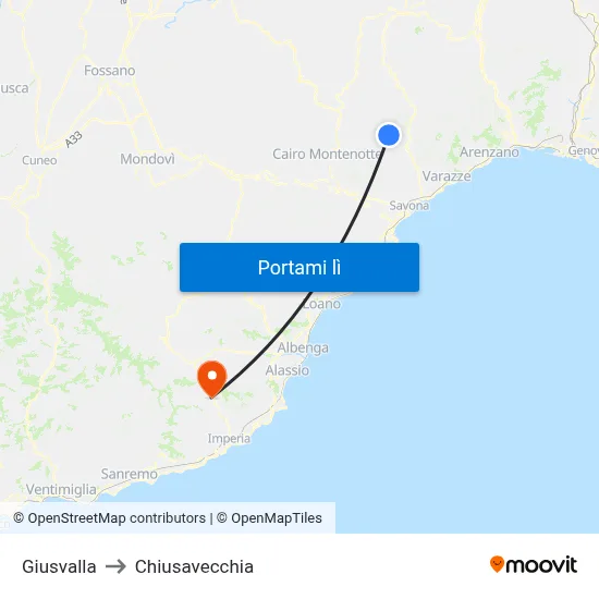 Giusvalla to Chiusavecchia map