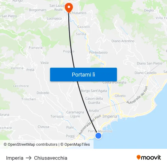 Imperia to Chiusavecchia map