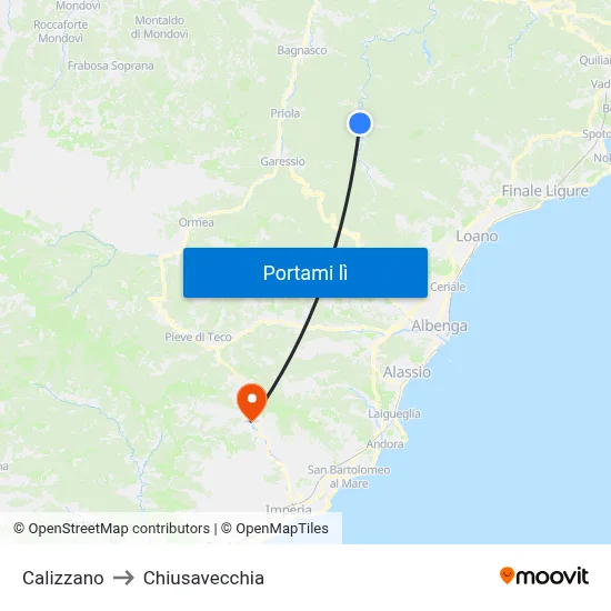 Calizzano to Chiusavecchia map