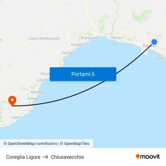 Coreglia Ligure to Chiusavecchia map