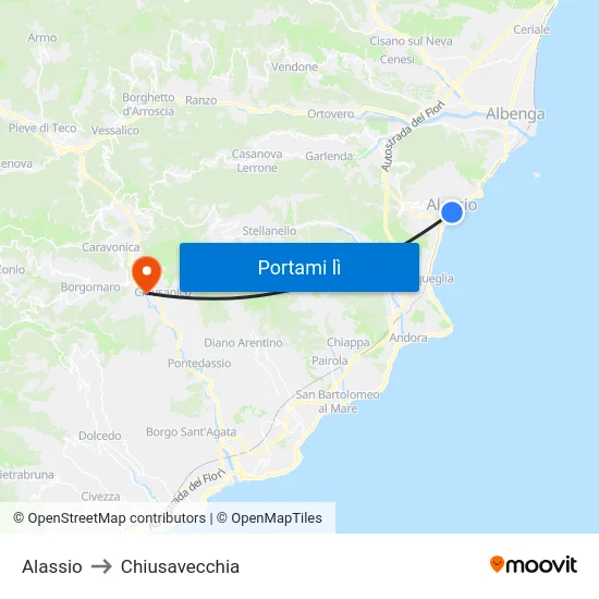 Alassio to Chiusavecchia map