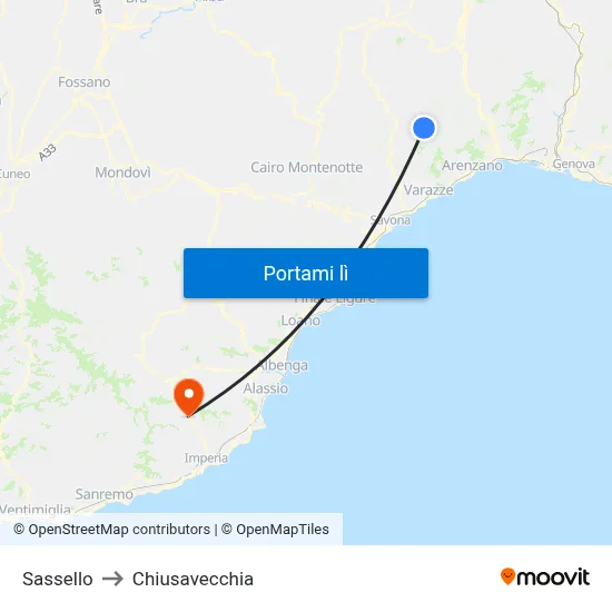 Sassello to Chiusavecchia map