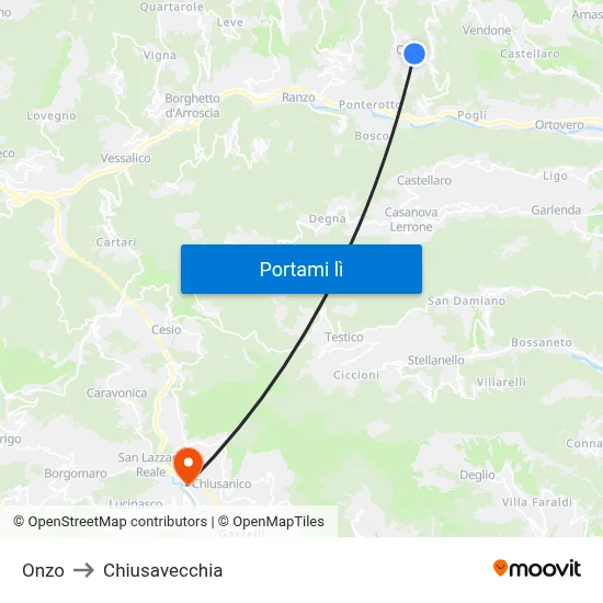 Onzo to Chiusavecchia map