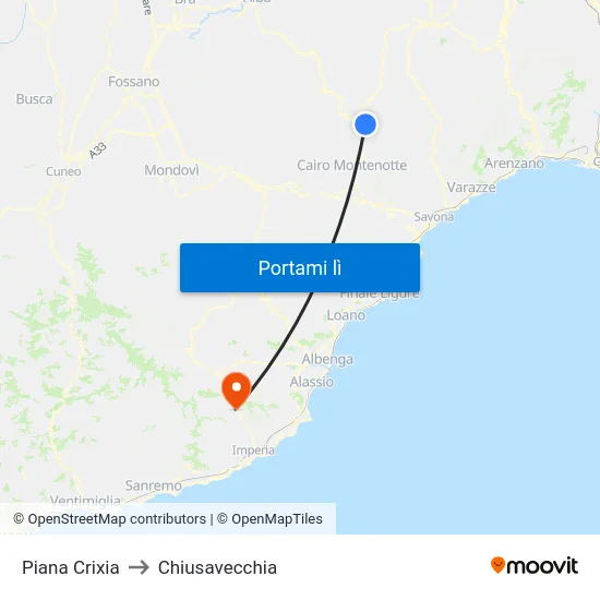 Piana Crixia to Chiusavecchia map