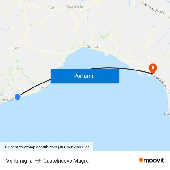 Ventimiglia to Castelnuovo Magra map