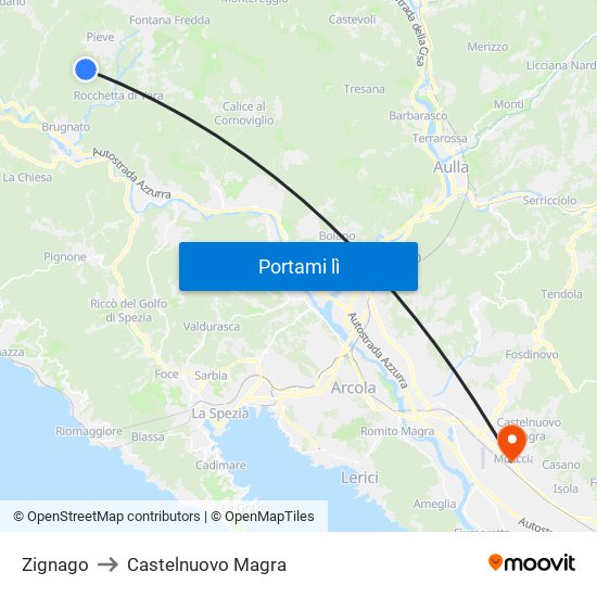 Zignago to Castelnuovo Magra map