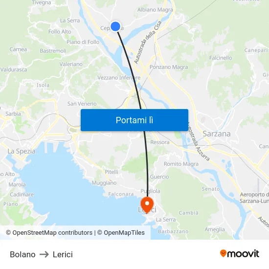 Bolano to Lerici map