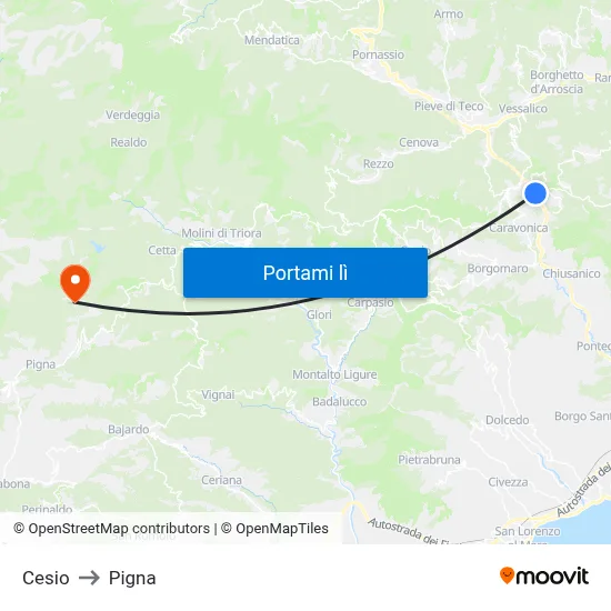 Cesio to Pigna map