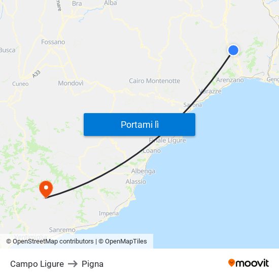 Campo Ligure to Pigna map