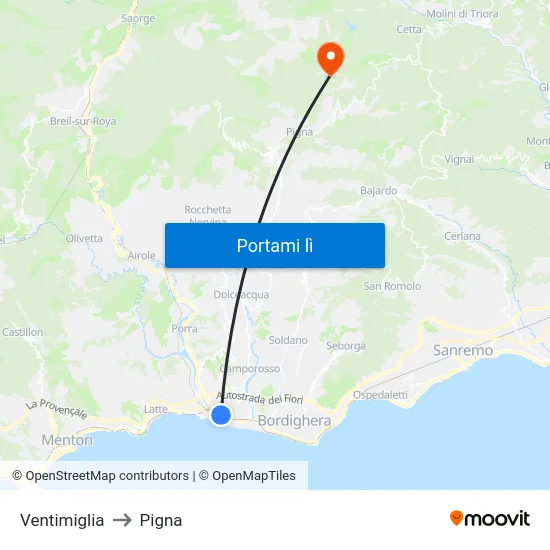 Ventimiglia to Pigna map