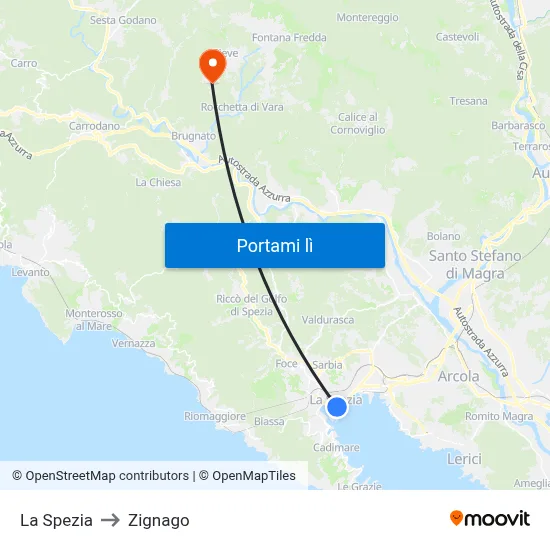 La Spezia to Zignago map