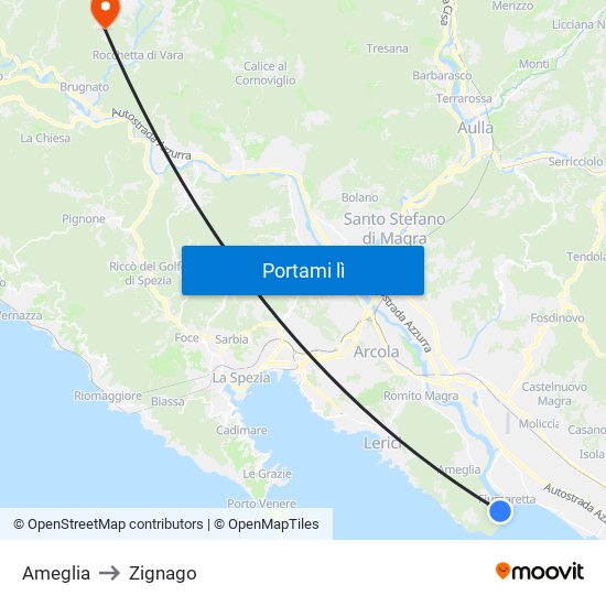 Ameglia to Zignago map