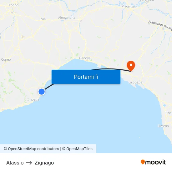 Alassio to Zignago map