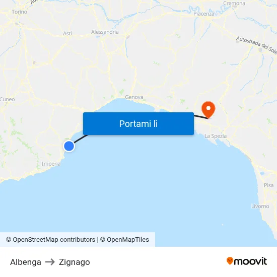 Albenga to Zignago map