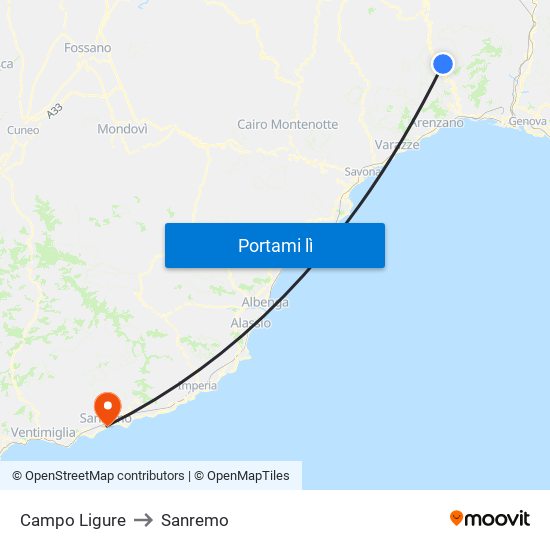 Campo Ligure to Sanremo map