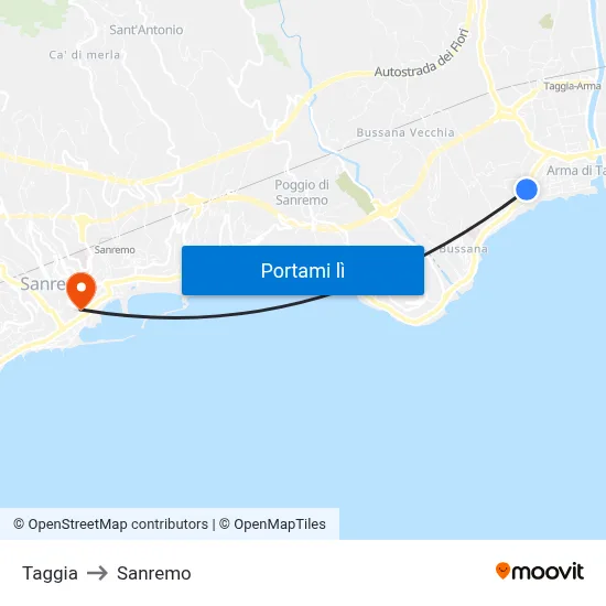 Taggia to Sanremo map