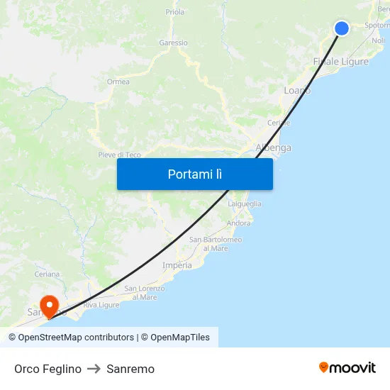 Orco Feglino to Sanremo map
