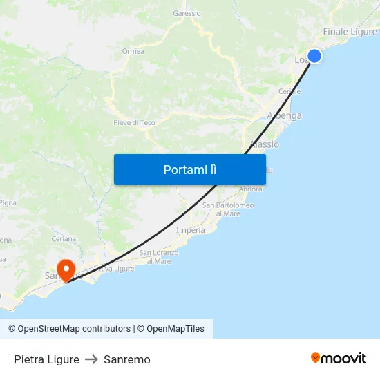 Pietra Ligure to Sanremo map