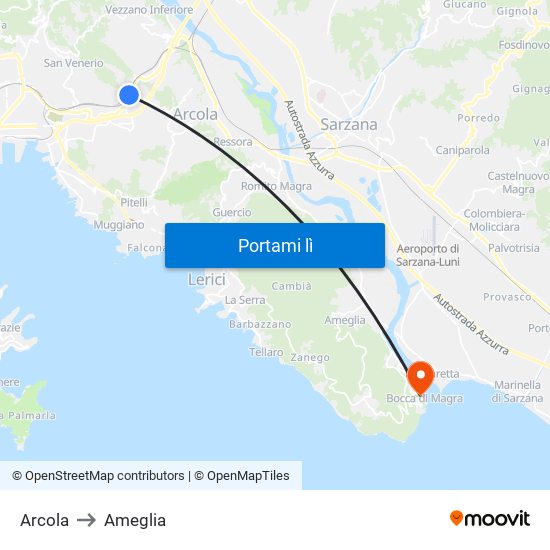 Arcola to Ameglia map