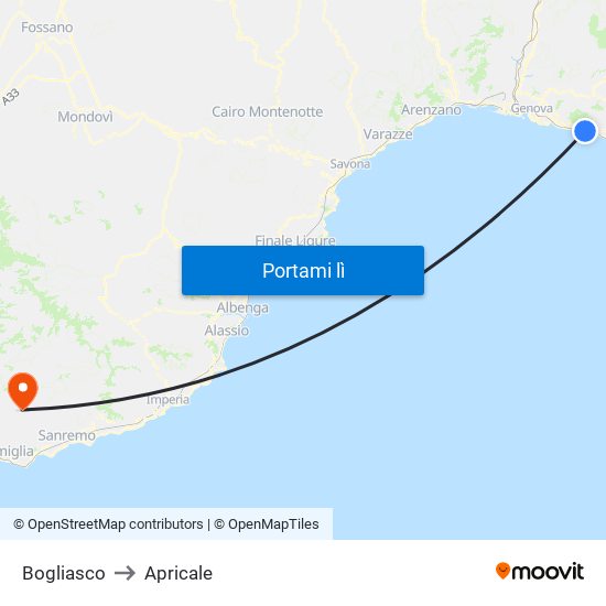 Bogliasco to Apricale map