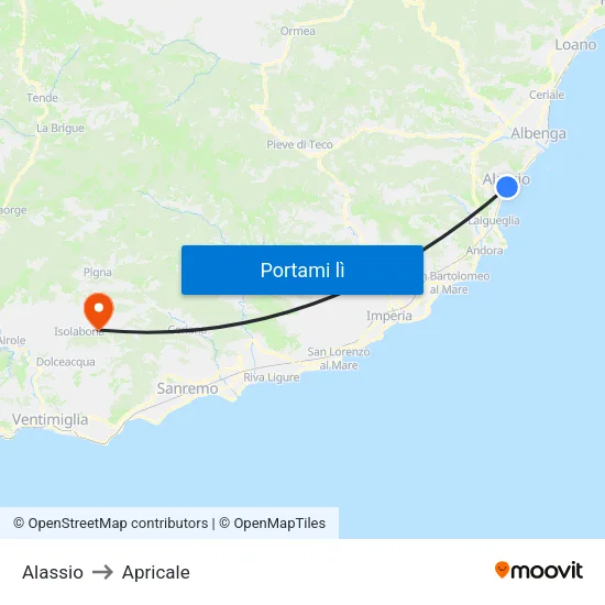 Alassio to Apricale map
