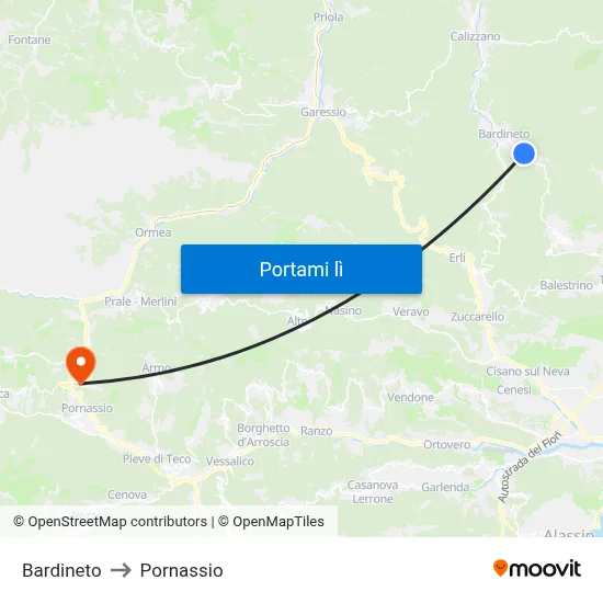 Bardineto to Pornassio map