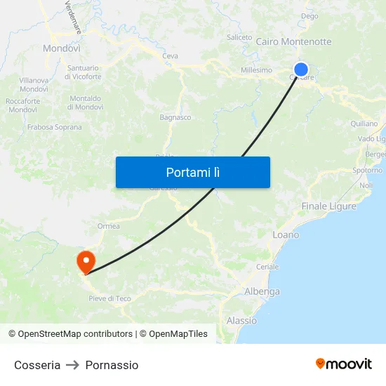 Cosseria to Pornassio map