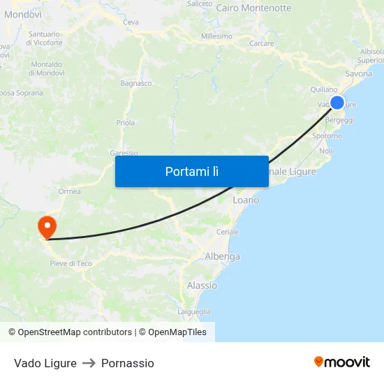 Vado Ligure to Pornassio map
