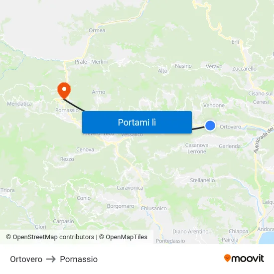 Ortovero to Pornassio map