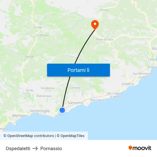 Ospedaletti to Pornassio map