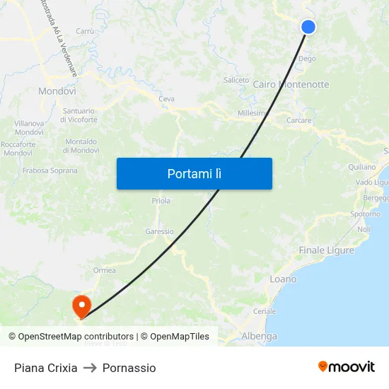 Piana Crixia to Pornassio map