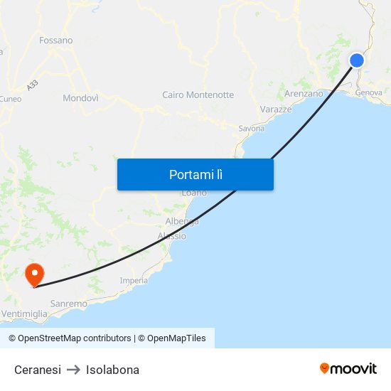 Ceranesi to Isolabona map