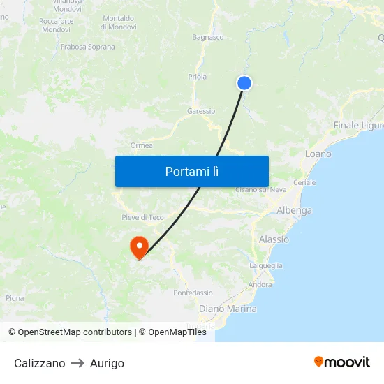 Calizzano to Aurigo map