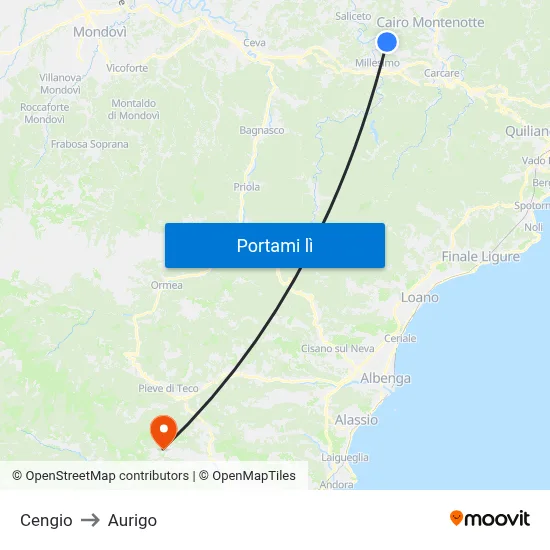 Cengio to Aurigo map