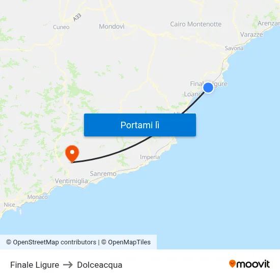 Finale Ligure to Dolceacqua map