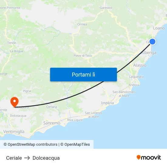 Ceriale to Dolceacqua map