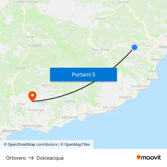 Ortovero to Dolceacqua map