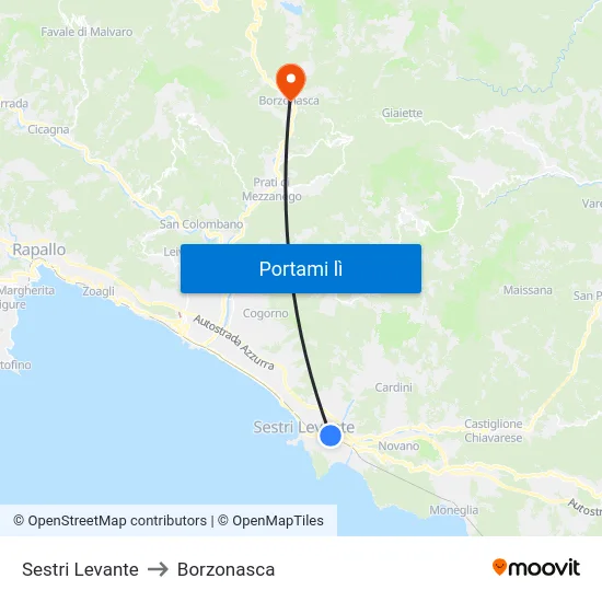 Sestri Levante to Borzonasca map