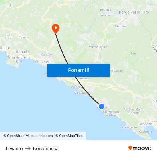 Levanto to Borzonasca map