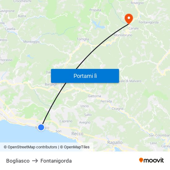 Bogliasco to Fontanigorda map